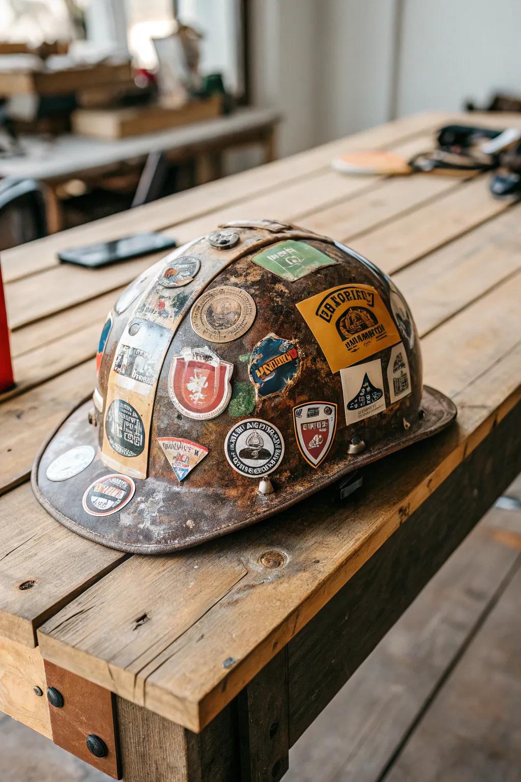 A safety helmet enhanced with an eclectic mix of emblems and decals.