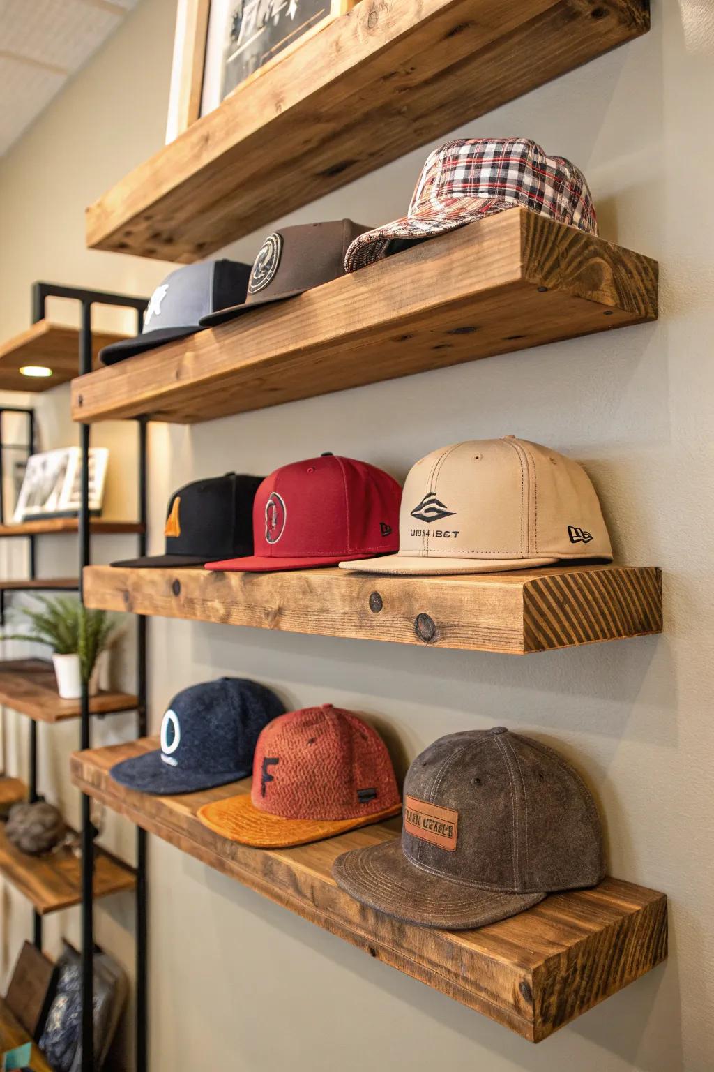Showcase your hats on shelves for a structured exhibition.