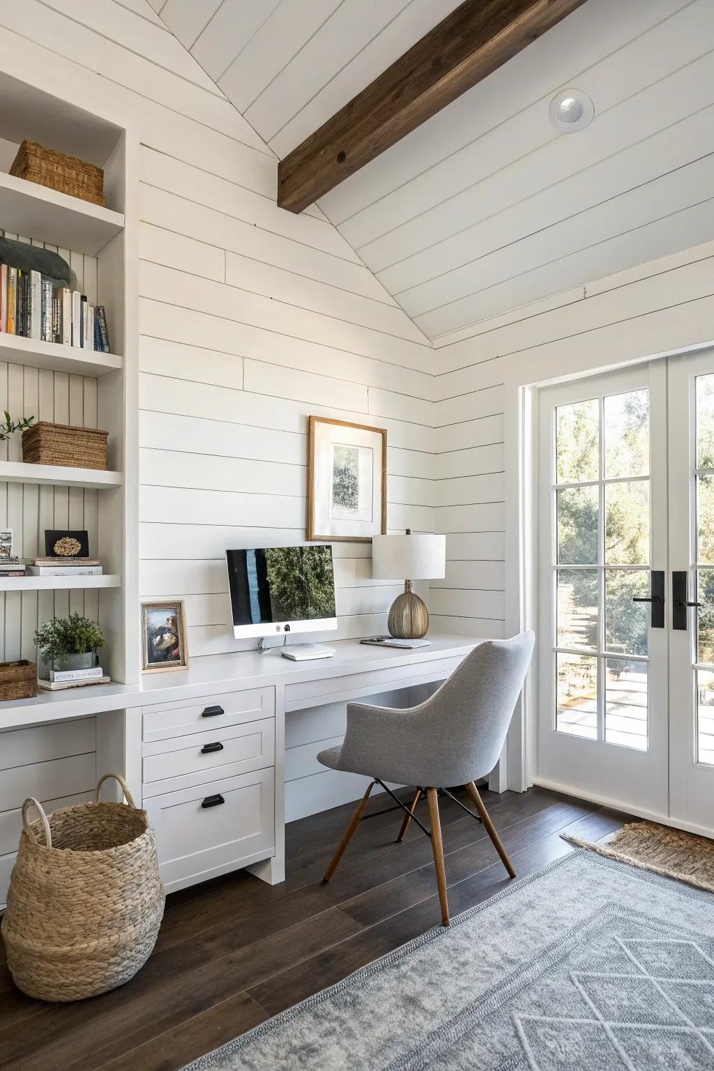 Textured shiplap adds character and visual interest to this modern home office.