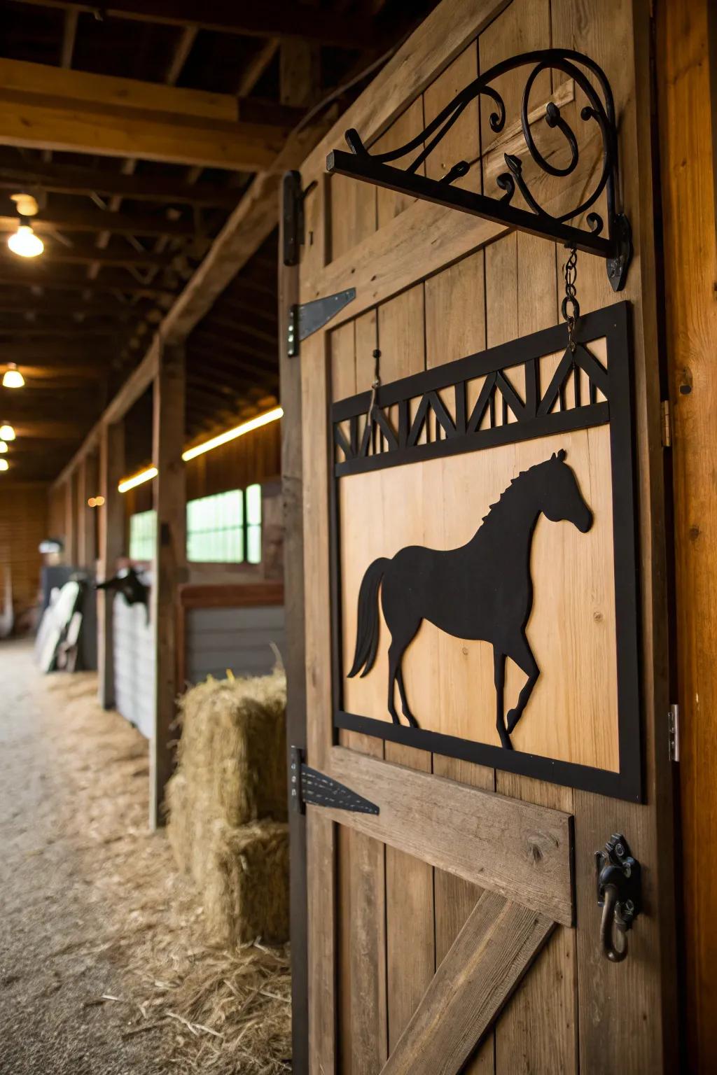 An artistic silhouette of a horse on a stall sign.