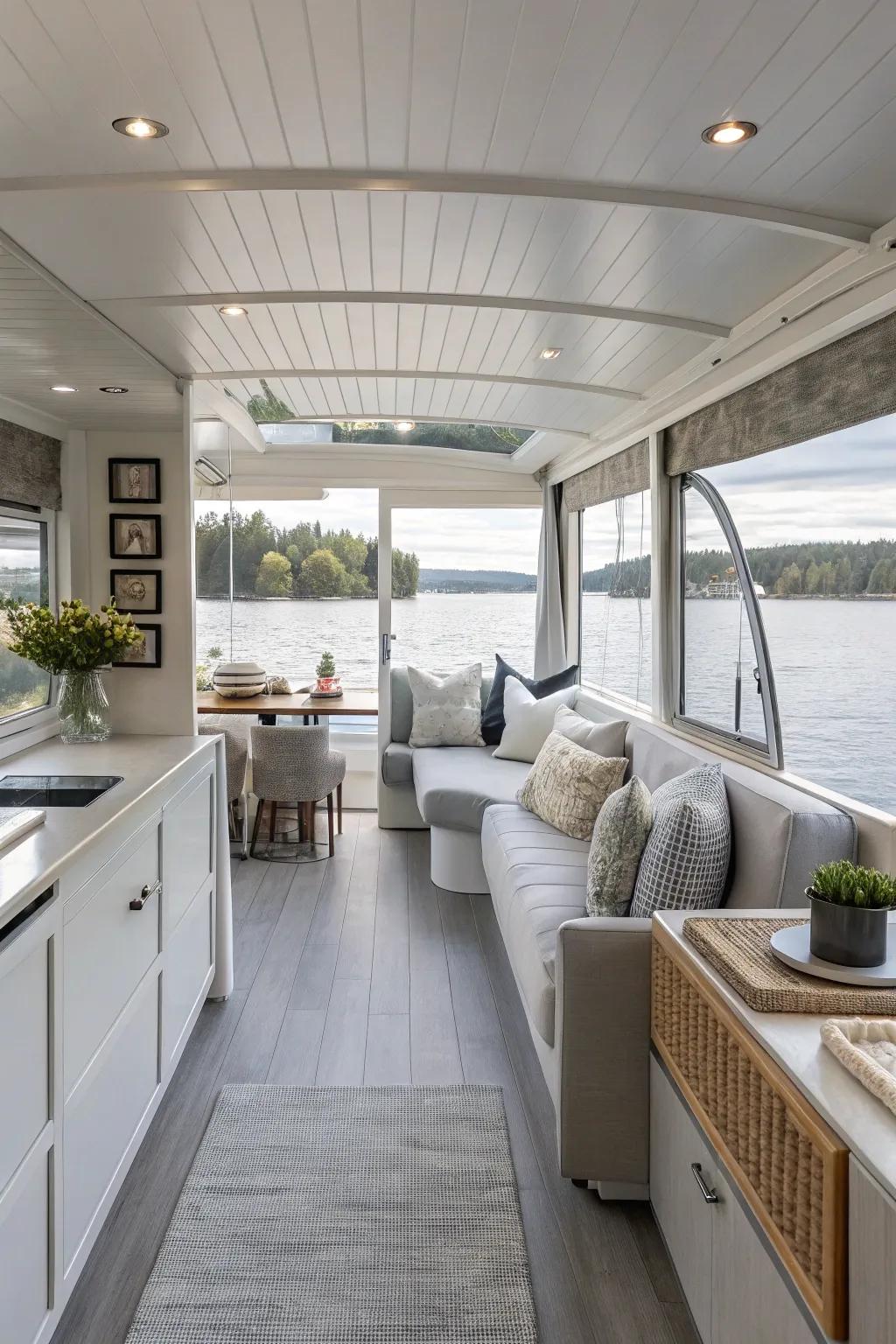 A calming neutral palette brings serenity to this houseboat interior.