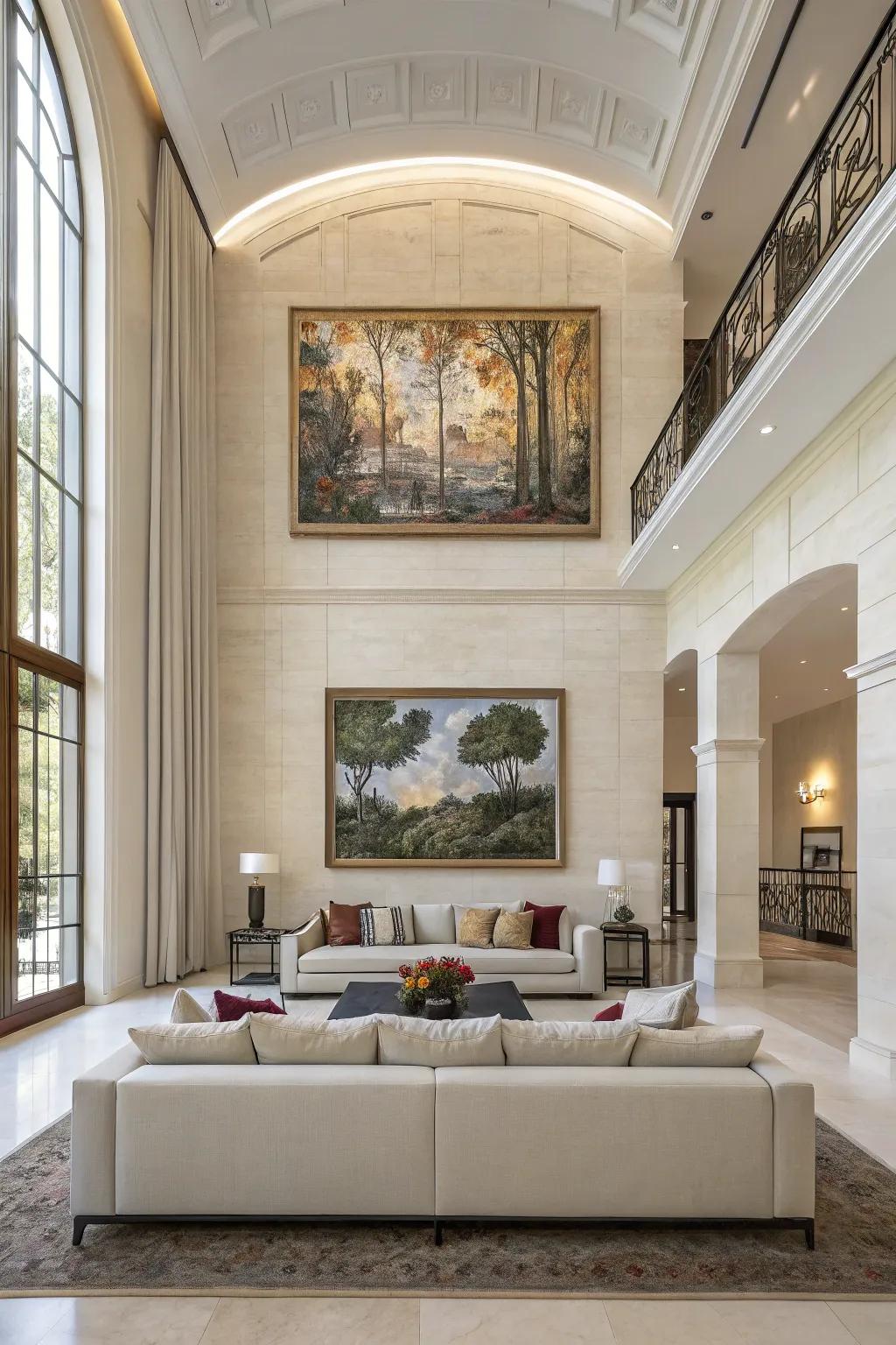 Grand artworks introduce intrigue and appropriate scale to lofty walls.