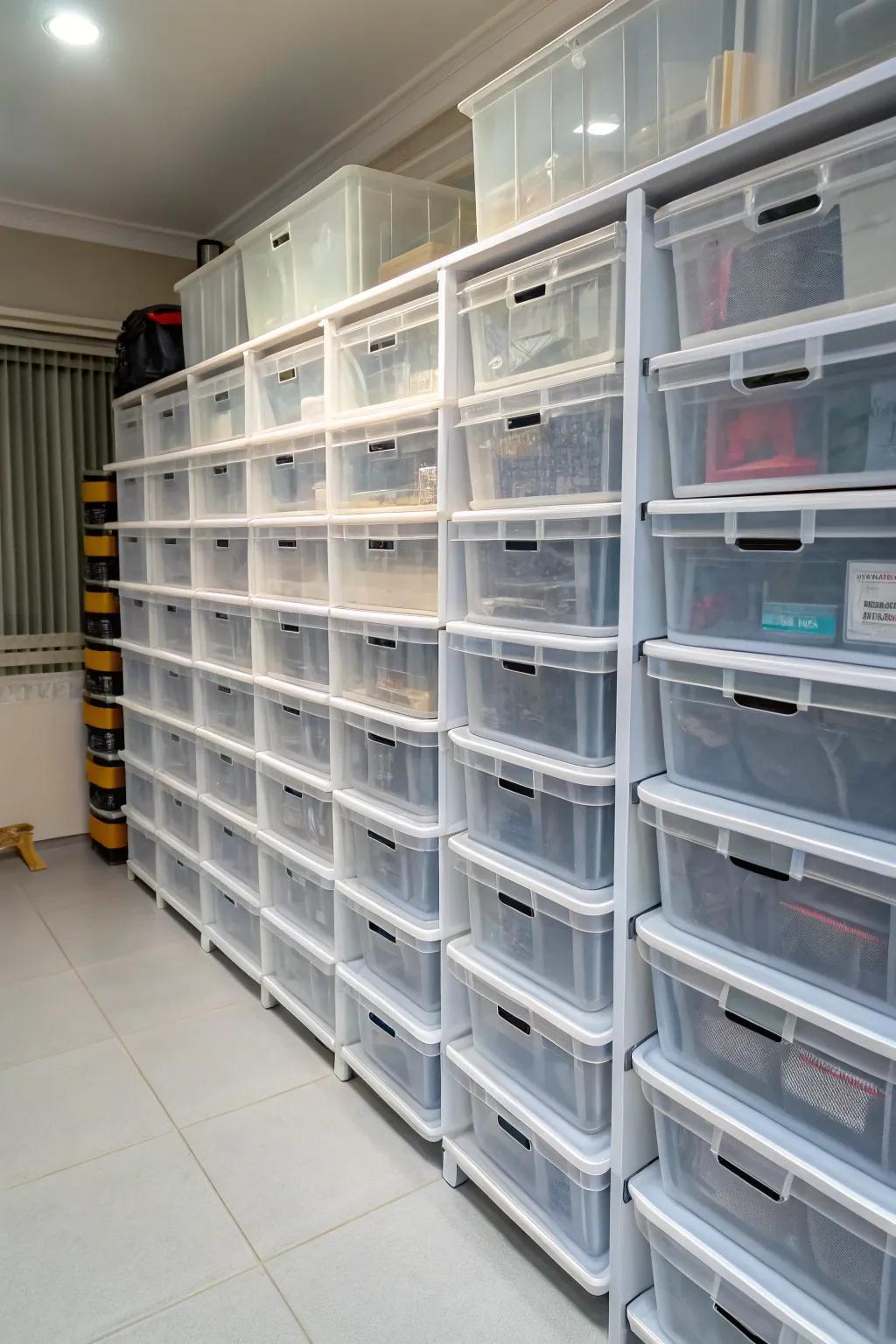 Transparent bins provide a swift visual inventory of the items you have stored.