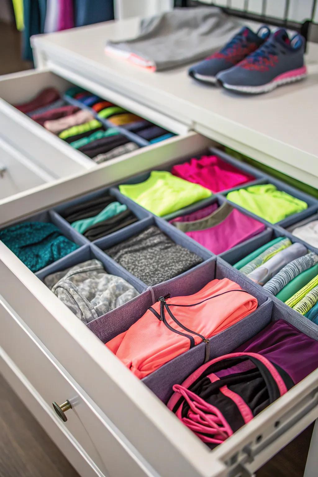 Drawer dividers maintaining a neatly separated workout wardrobe.