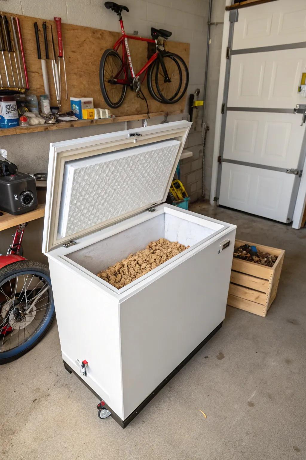 An old chest freezer makes an ideal airtight storage solution for wood pellets.