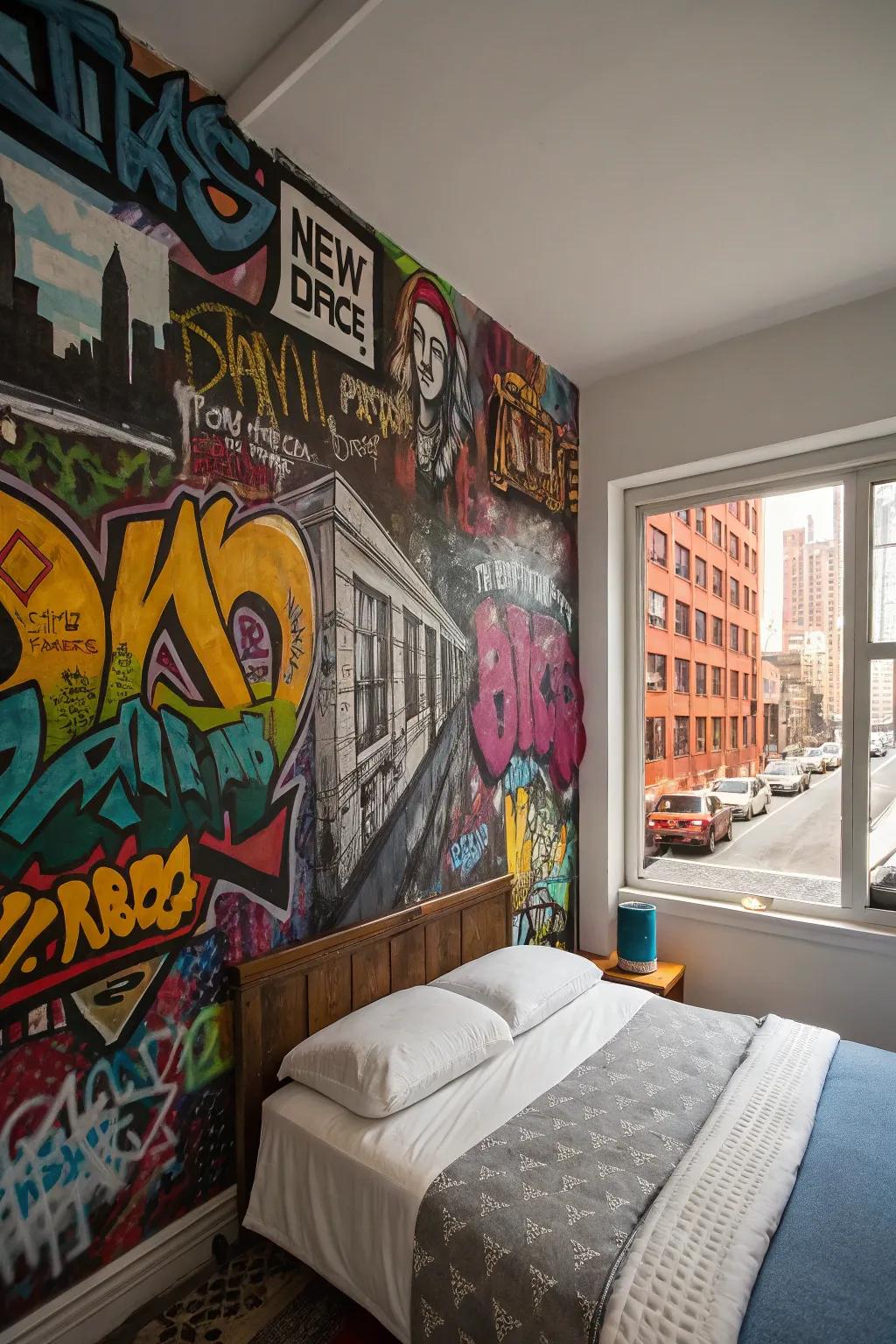 Graffiti-inspired art adding a bold urban feel to the room.