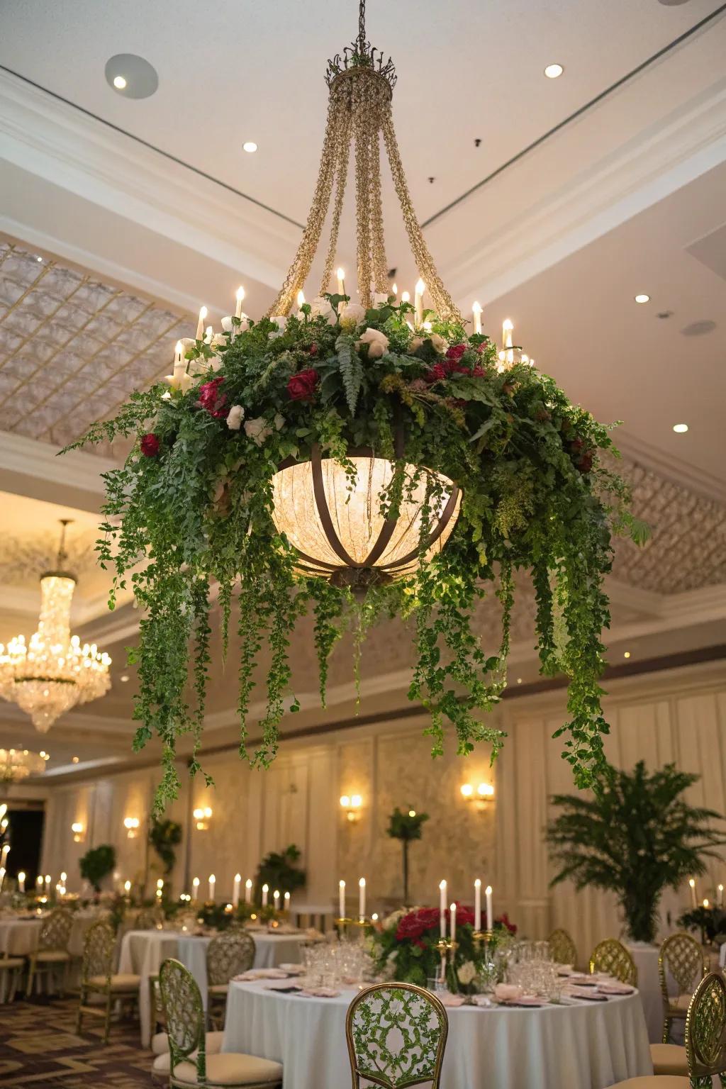 A grand chandelier adorned with greenery adds elegance.