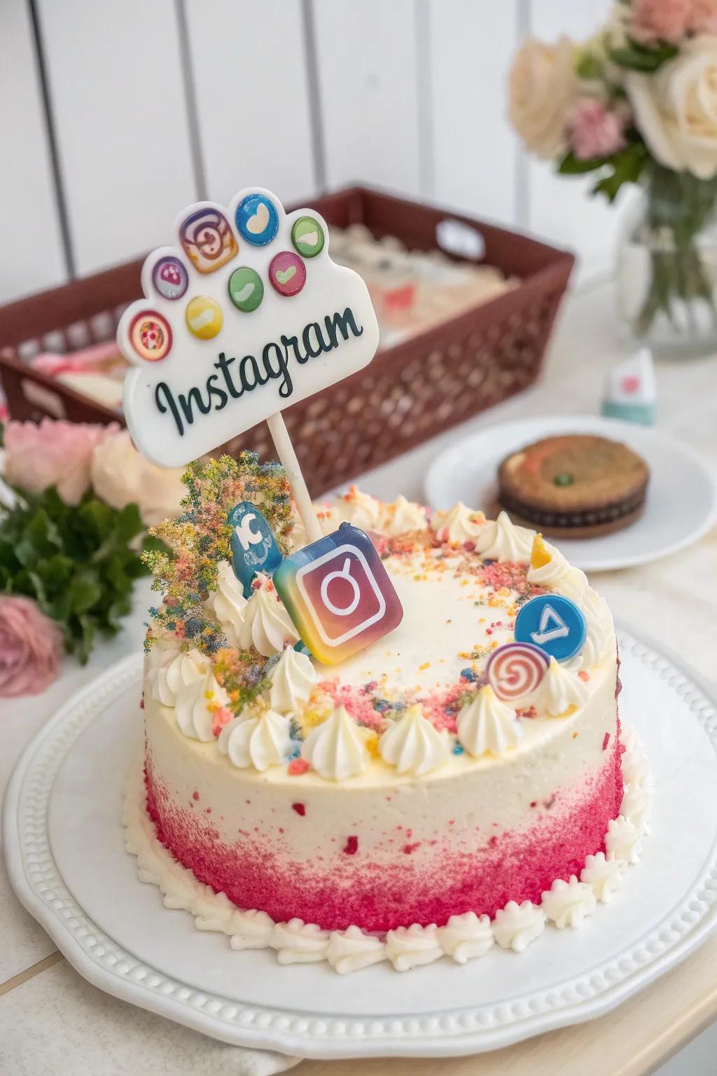 A breathtaking cake elaborately decorated with social media-themed embellishments.
