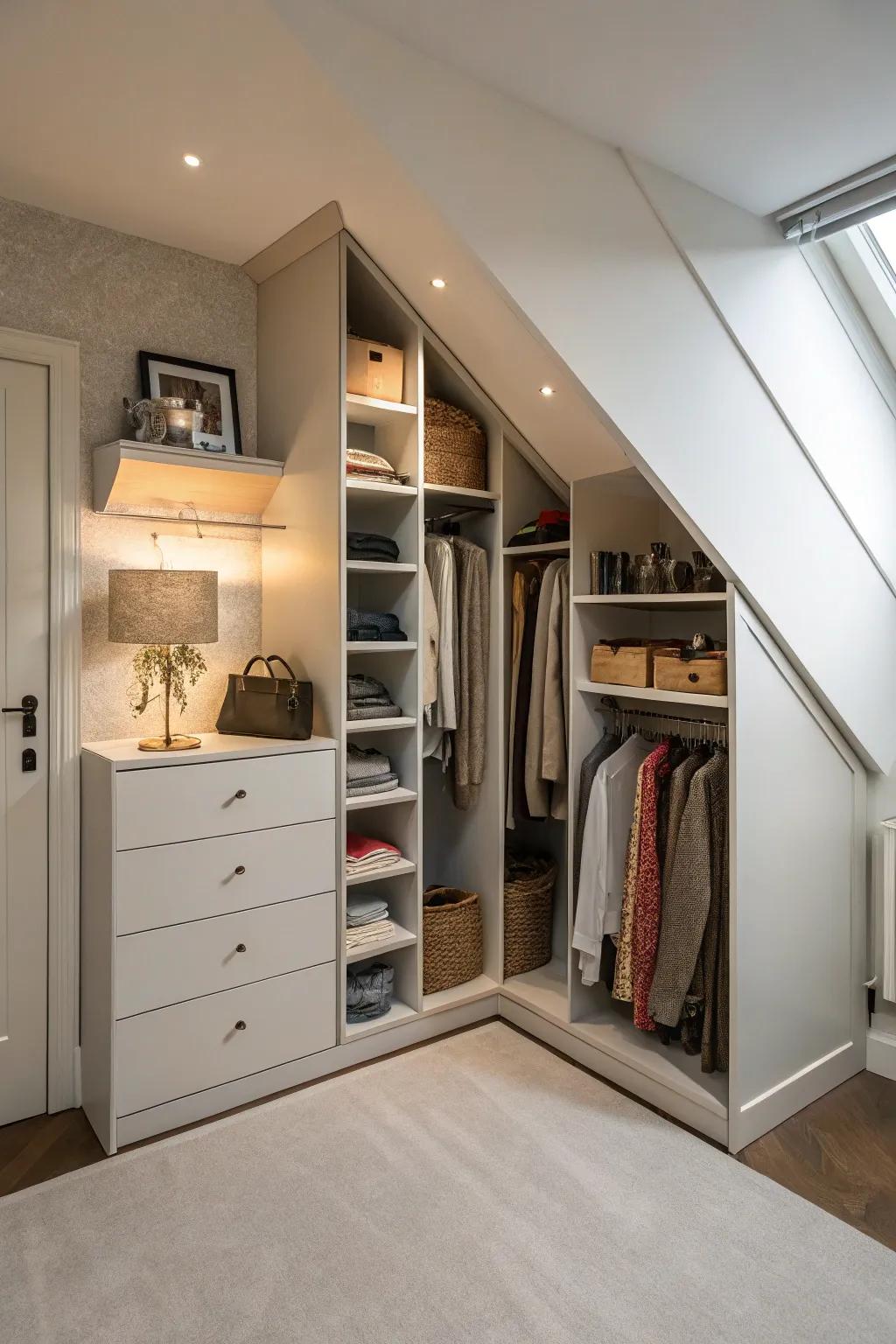 Efficient corner storage optimizes space within an unusually shaped closet.