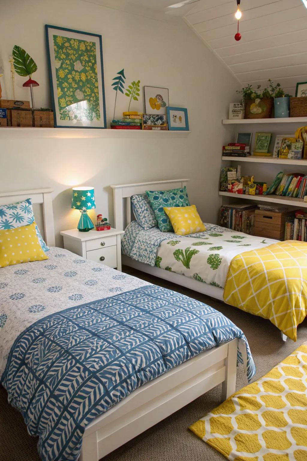 Twin beds that blend harmoniously while showcasing individual touches.