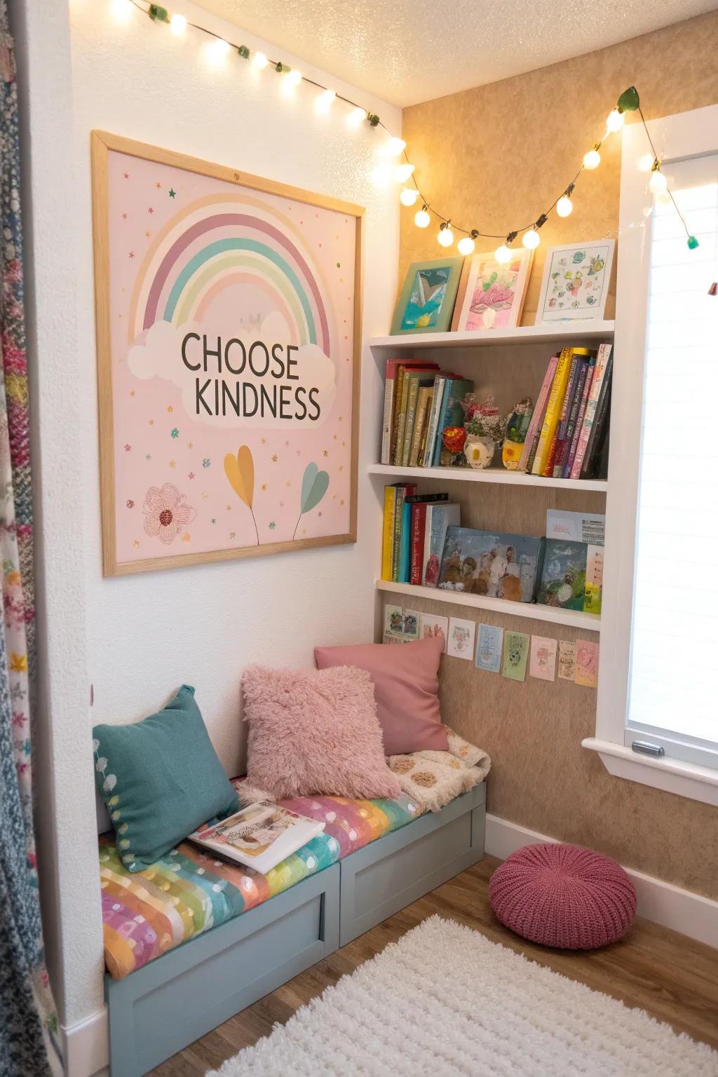 A cozy reading nook featuring a 'Choose Kindness' themed bulletin board with pastel colors.