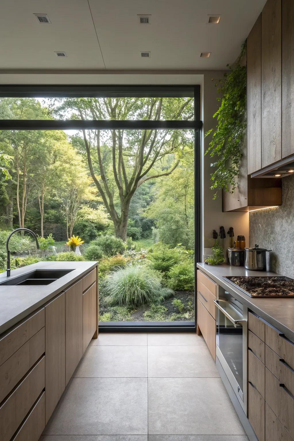 A full-length window backsplash effortlessly integrates the splendor of the natural world into your kitchen.