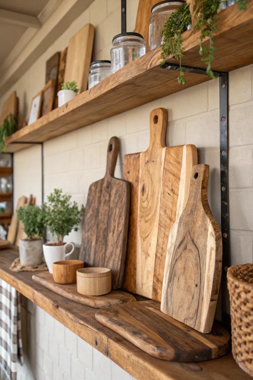 Rustic boards with natural textures infuse a countryside charm into the kitchen.