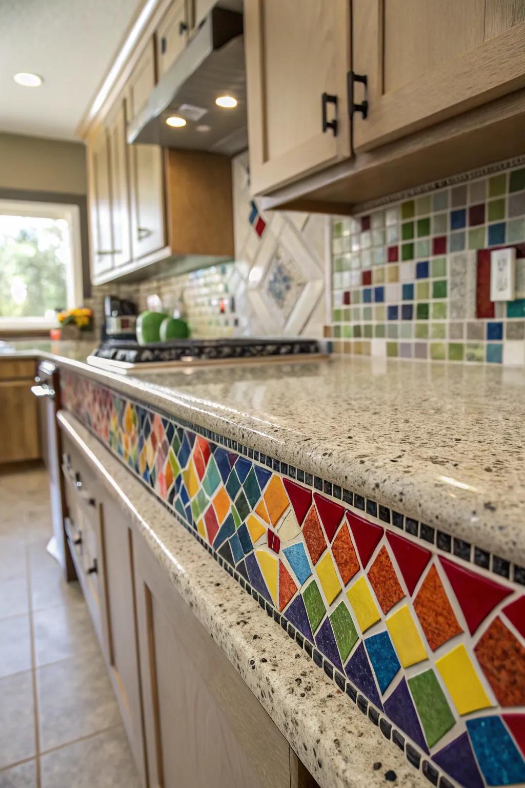 Mosaic tile trims offer a textured and eye-catching point of interest.