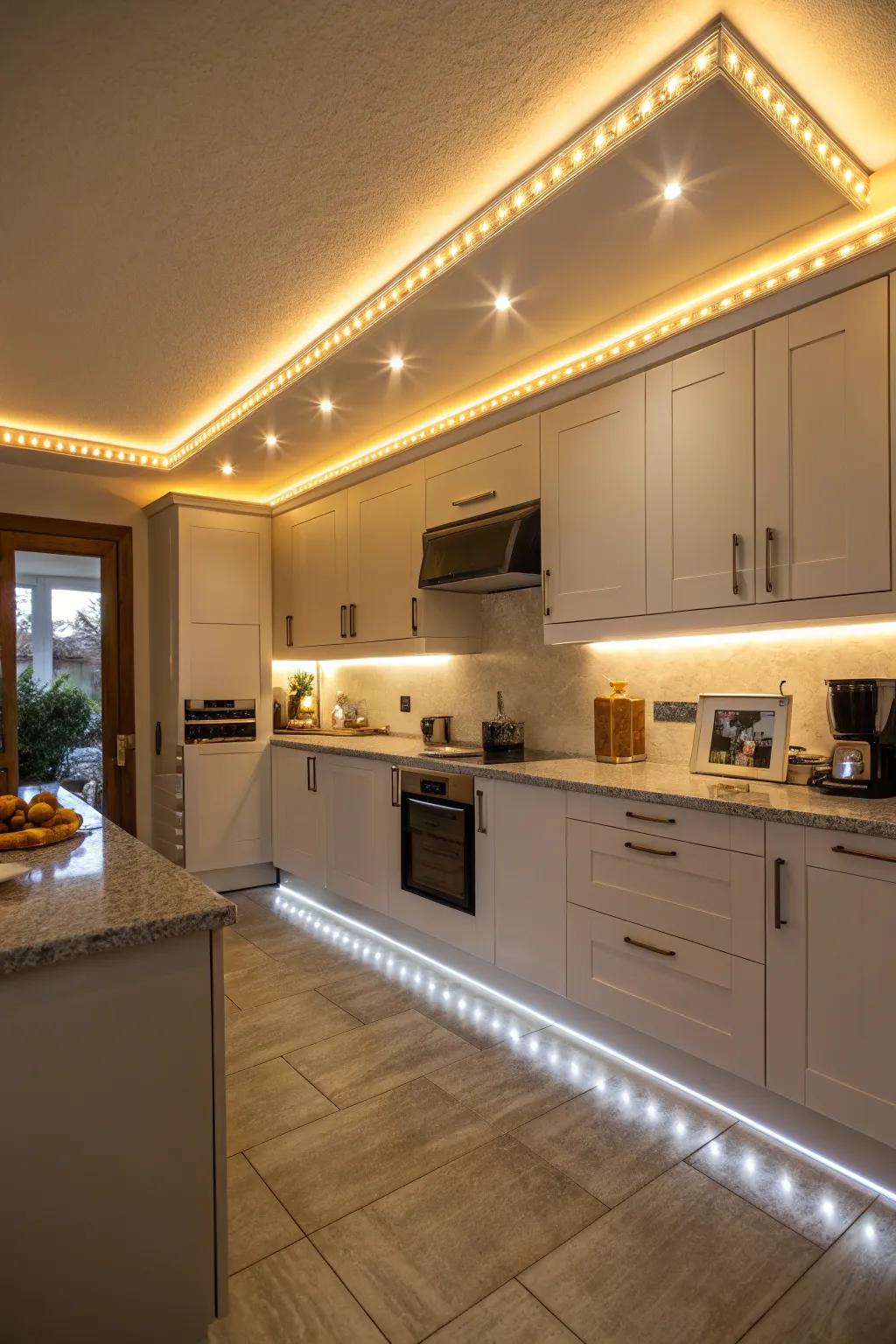 LED strip lights add an inviting ambiance to your kitchen.