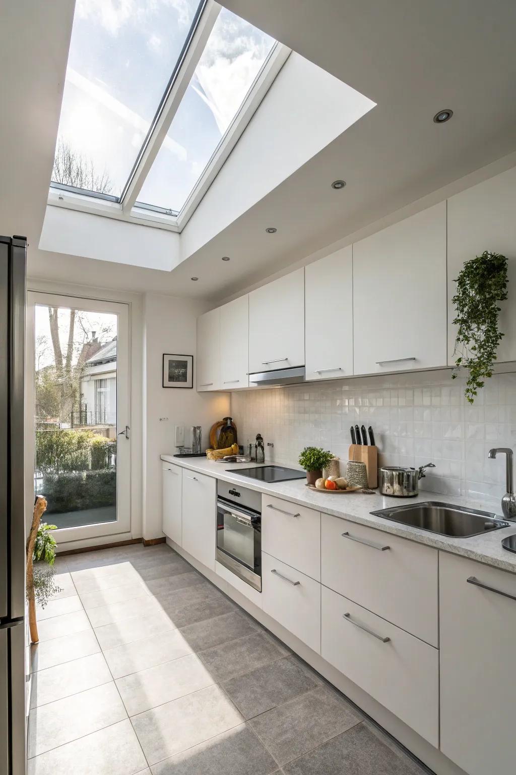 The sleek addition of a skylight enhances a minimalist kitchen aesthetic.
