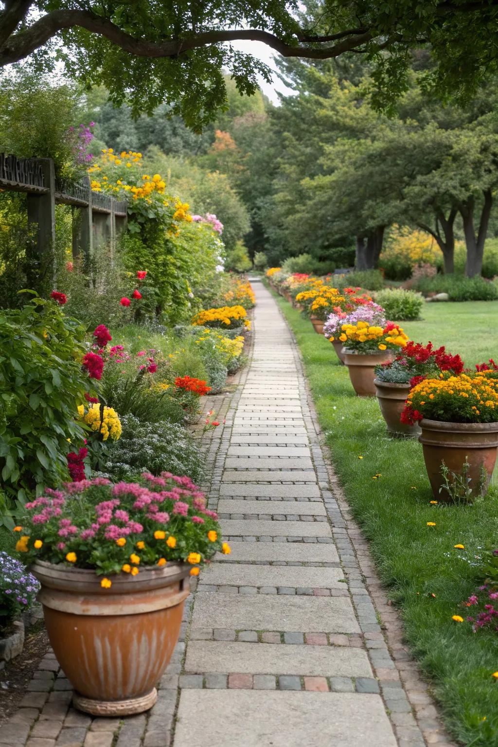 Welcome visitors with a walkway adorned with brightly potted flowers.