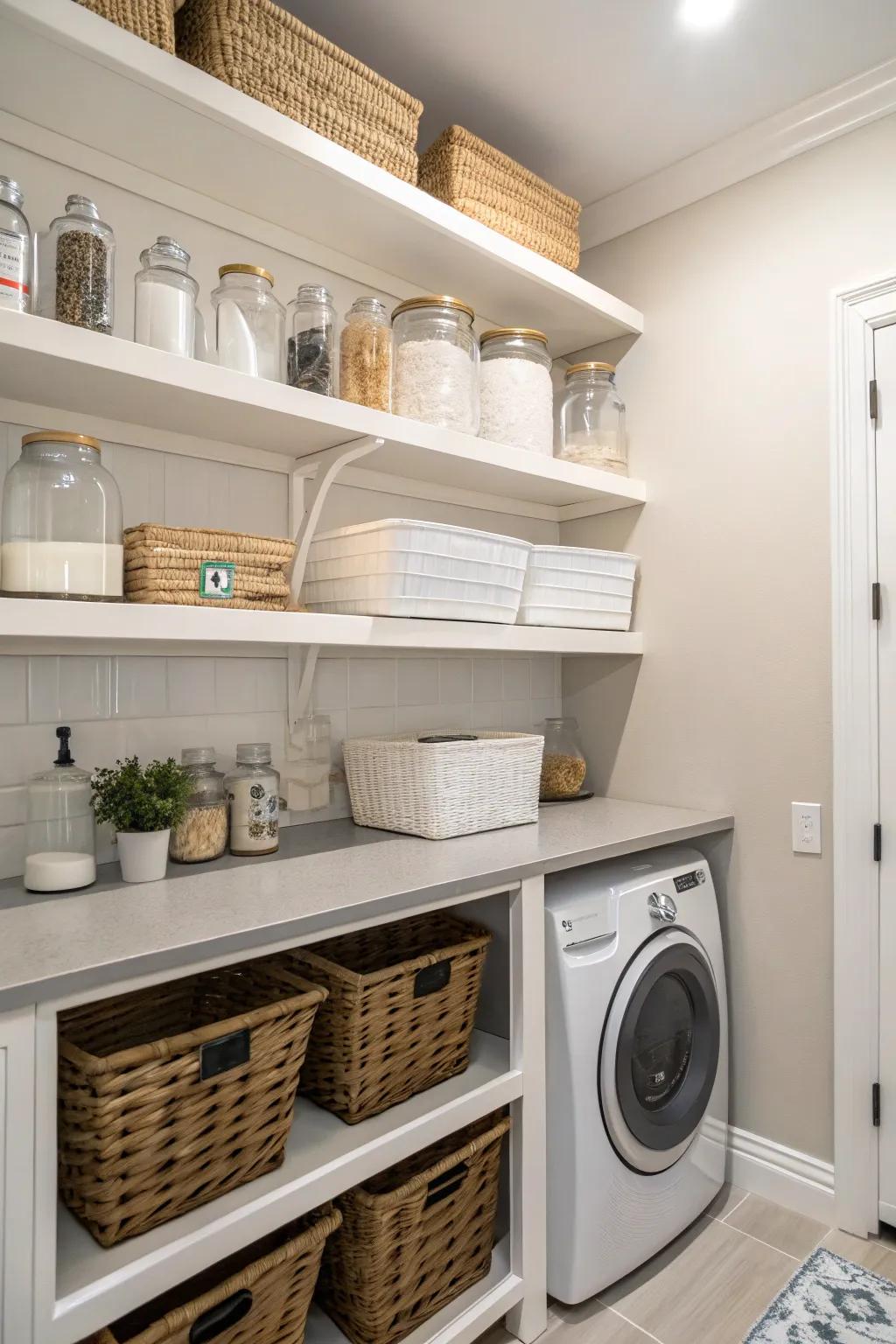 Open shelving adds style and accessibility to your laundry room.