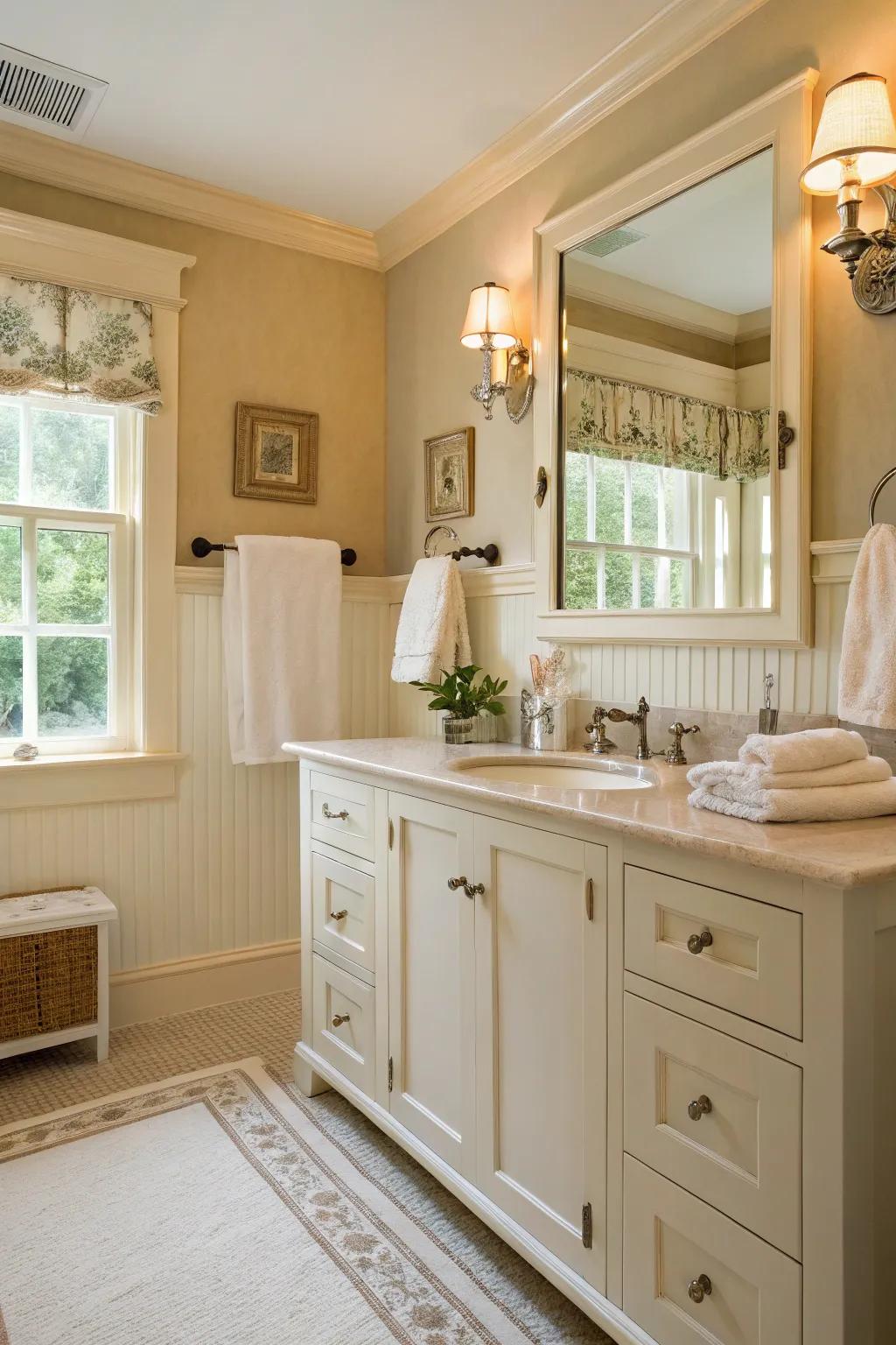 Cream accents add warmth and comfort to a light color scheme.