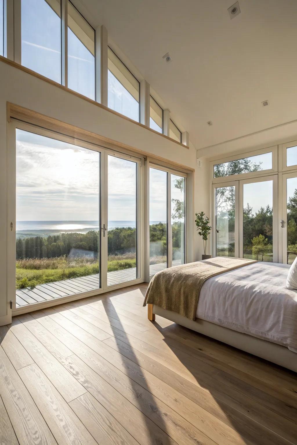 Sunlight illuminating a space with pale timber floors.