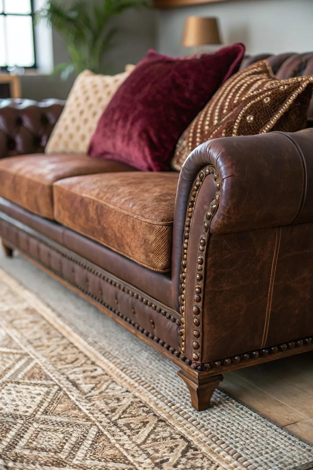 Textures add depth and interest to the leather sofa.