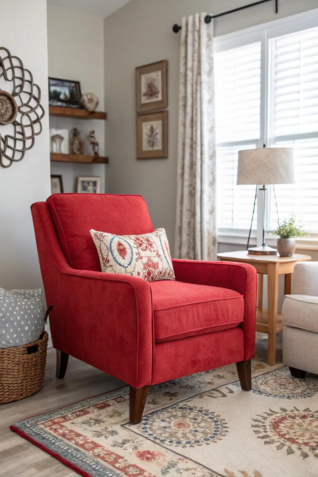 A bold accent chair adds a splash of color to any room.