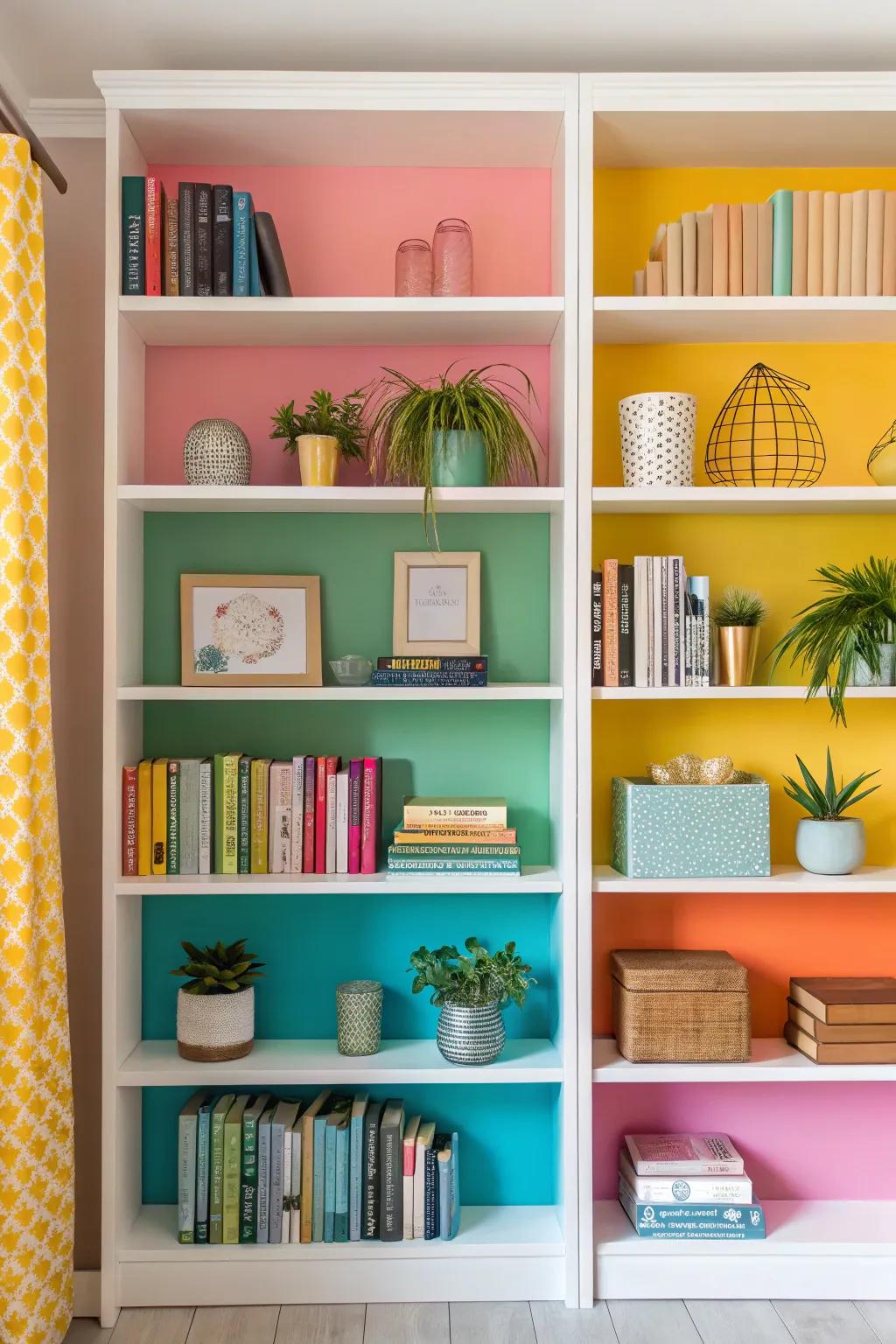 Color-blocked bookshelves add a vibrant touch to any living room.