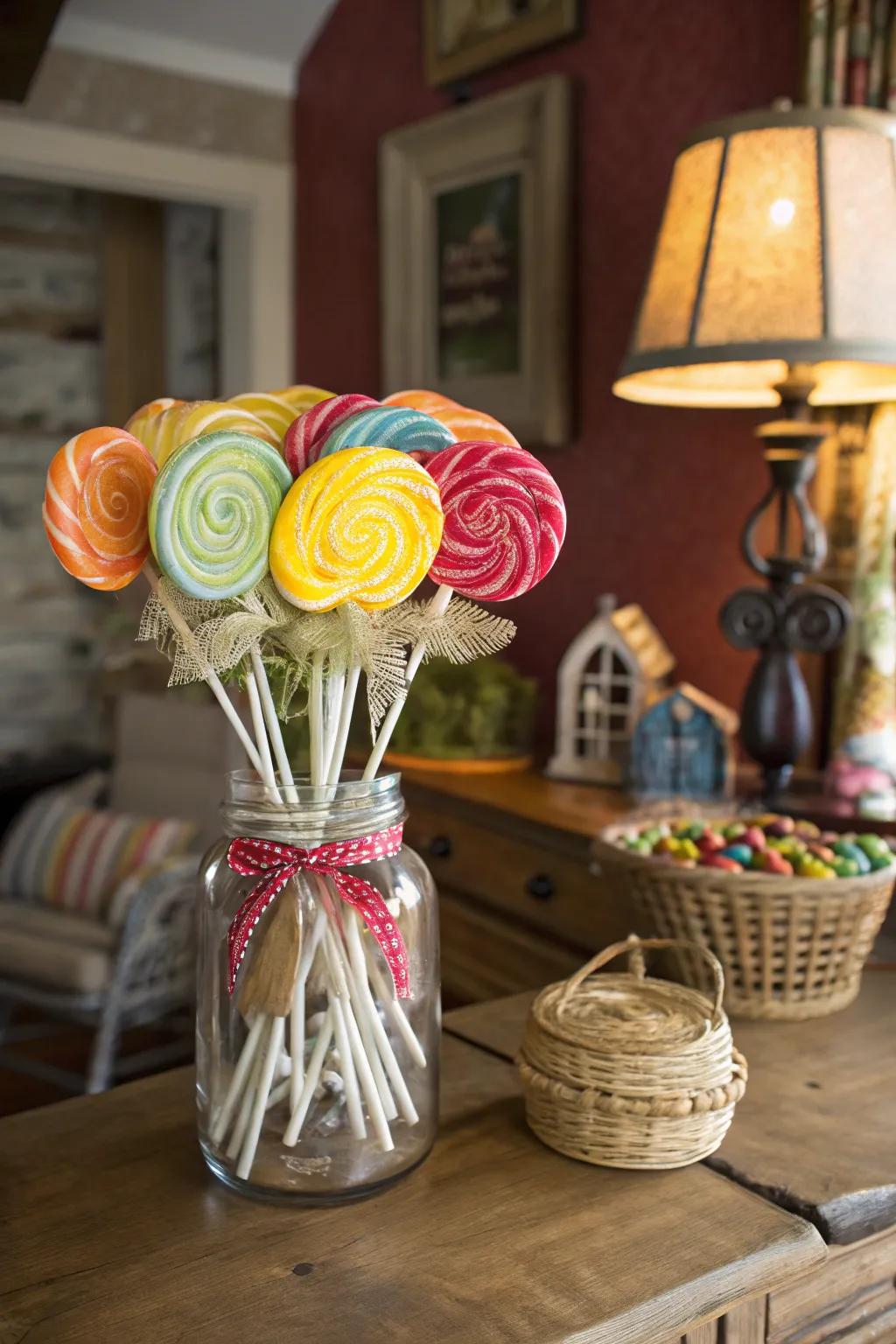 A delightful sweet treat posy in a preserving jar