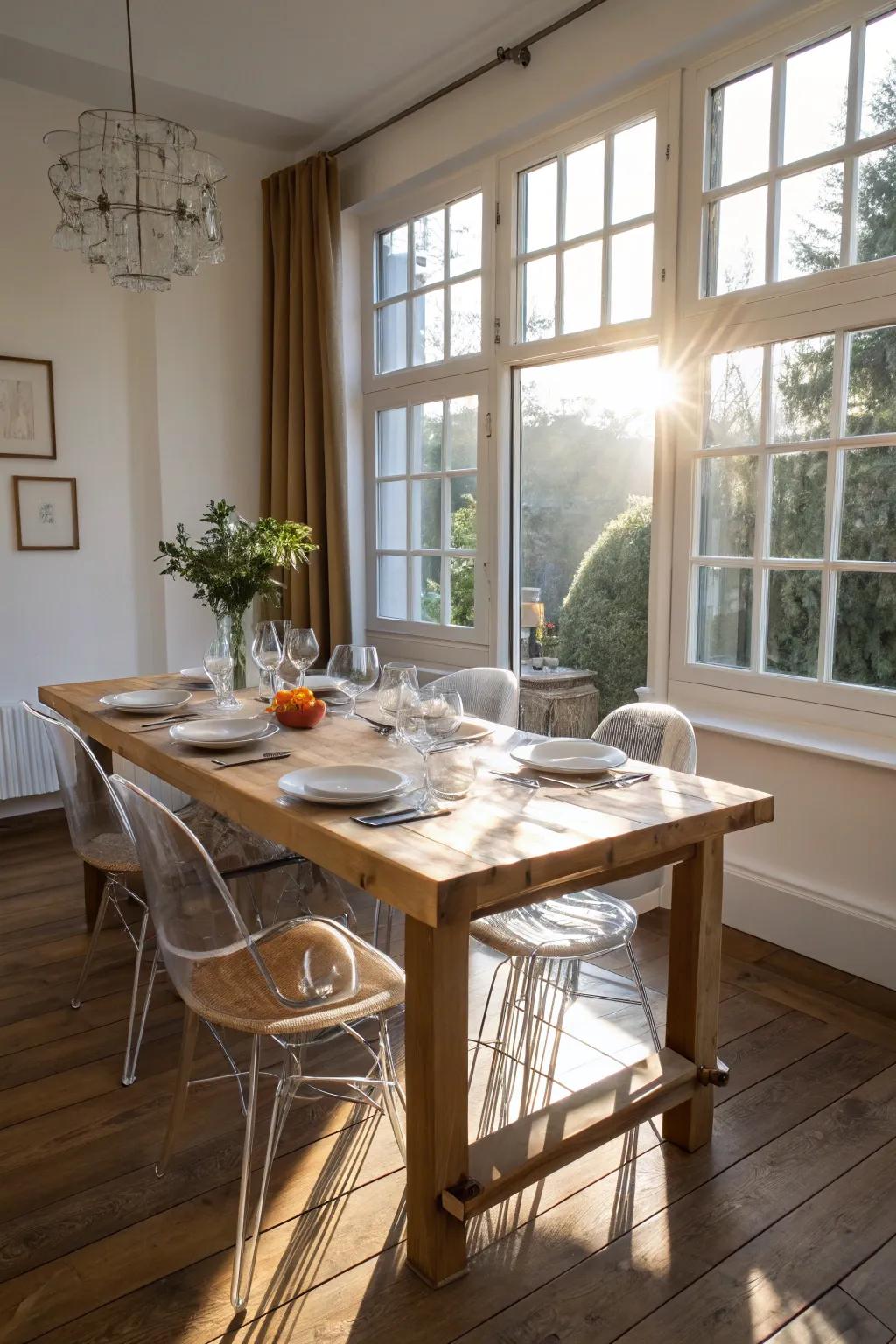 Lucite chairs add elegance to any dining space.