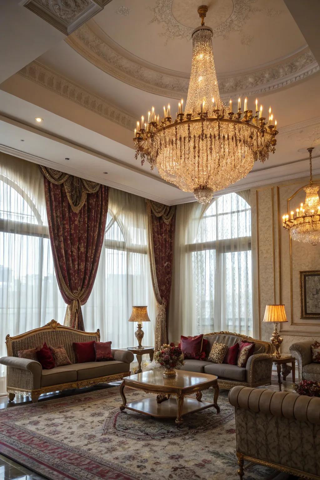 A dramatic chandelier takes center stage in this opulent living room.