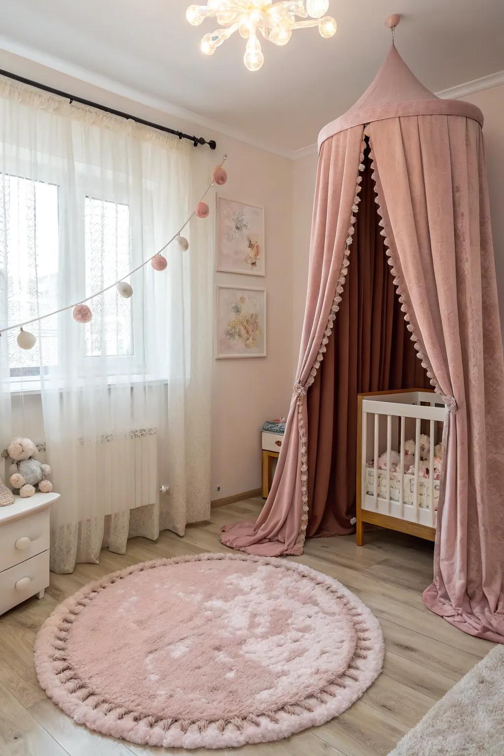 A nursery adorned with velvet curtains and a plush rug, adding warmth and luxury.