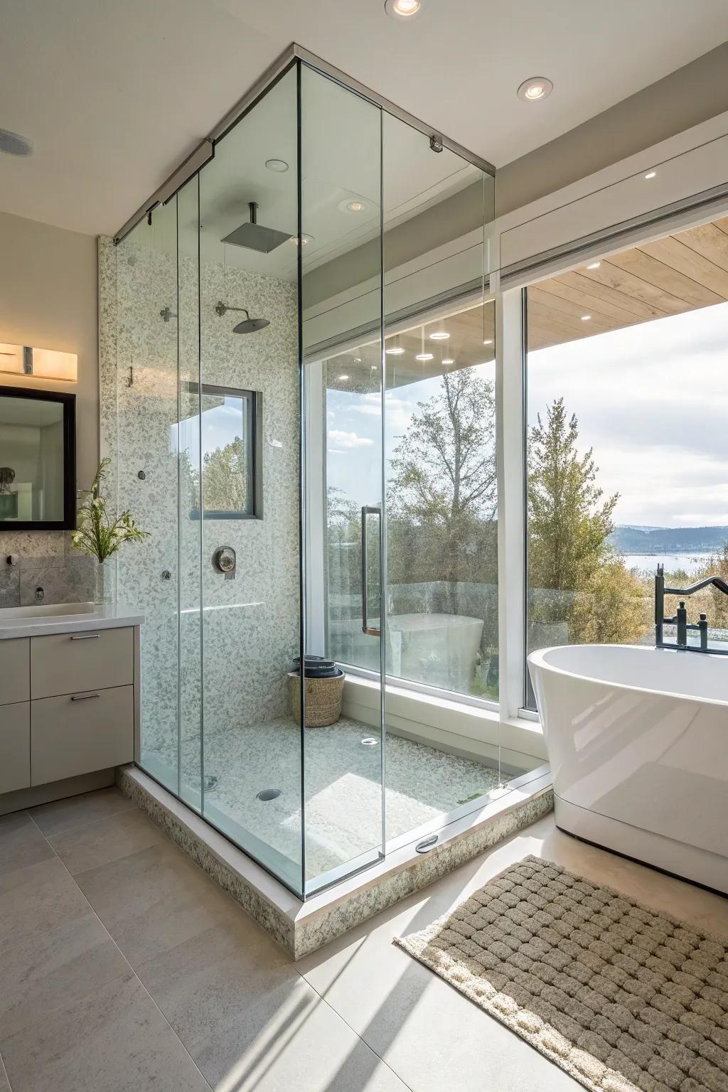 A modern walk-in shower featuring elegant glass surroundings.