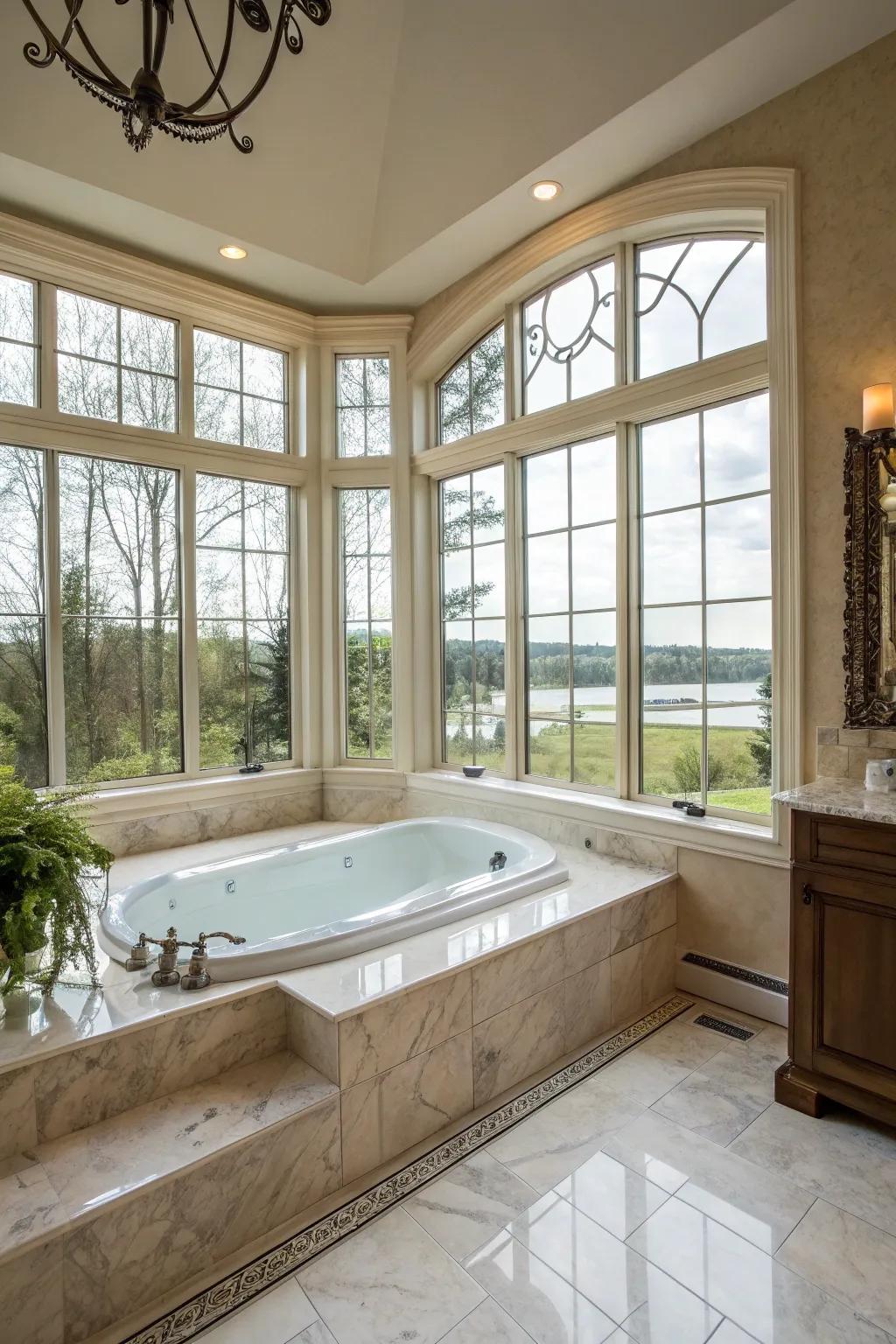 Natural light envelops a primary bathroom, beautifully illuminating the stylish hydromassage tub.