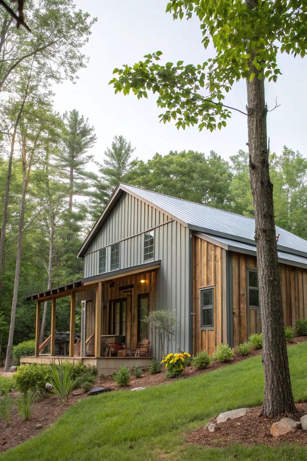 A house beautifully integrating industrial metal cladding with rustic wooden aspects.