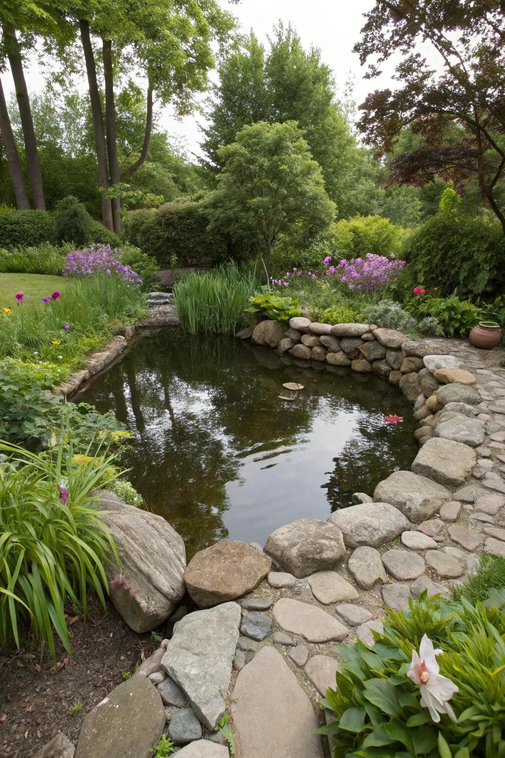 Natural stones add a rustic charm to a mini pond.