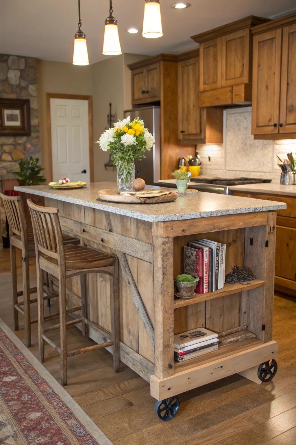 A rustic mobile island adds farmhouse charm to your kitchen.