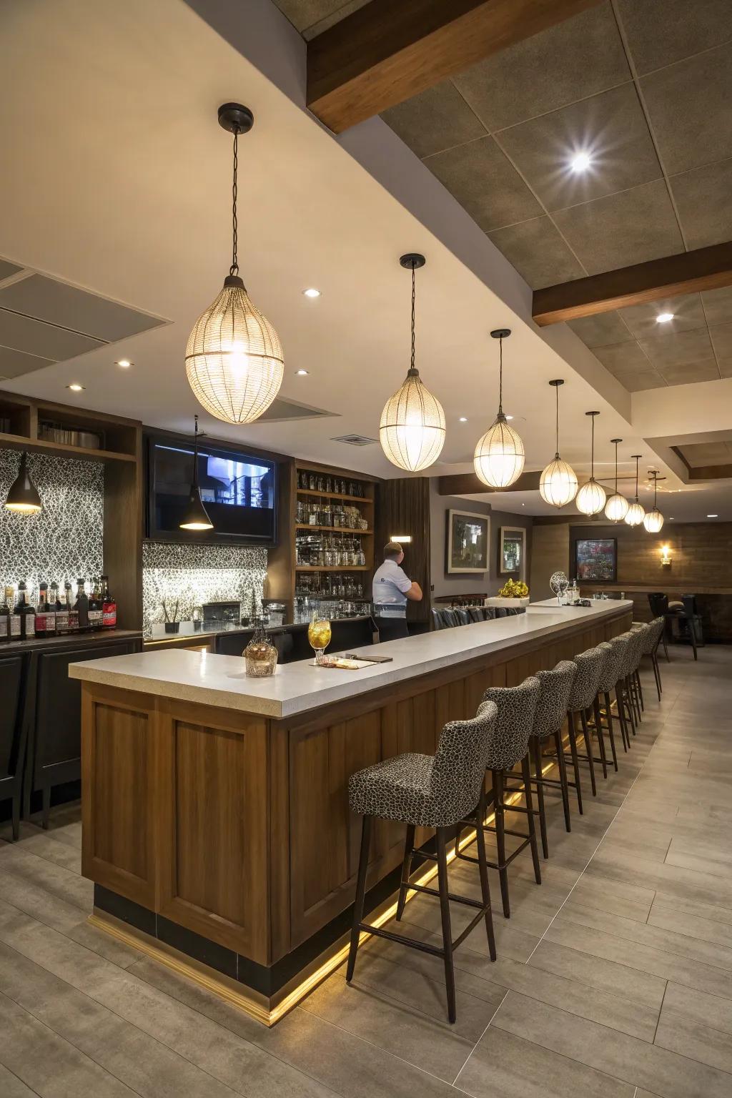 Tasteful droplights bring a refined touch to the basement bar area.
