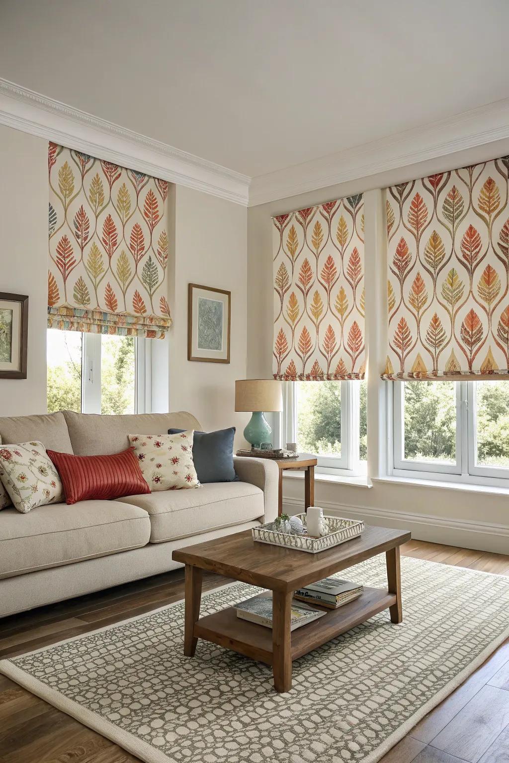 Patterned blinds bring life to neutral spaces.