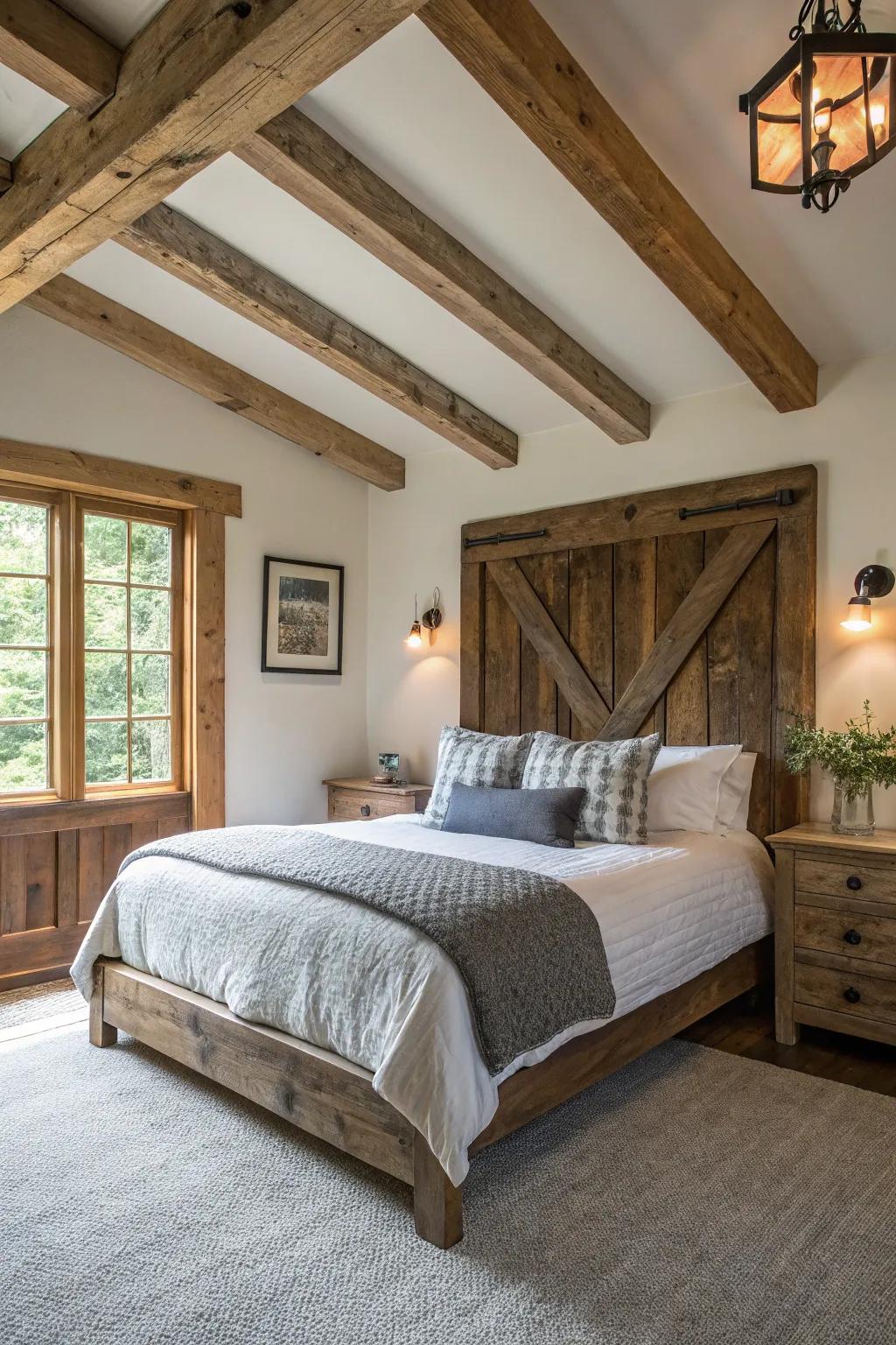 Rustic wooden features enhance the farmhouse charm of this guest bedroom.