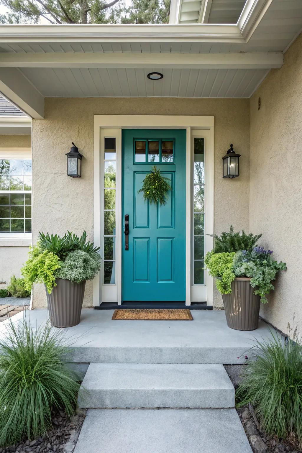 A striking front door adds a splash of color to a contemporary porch setting.