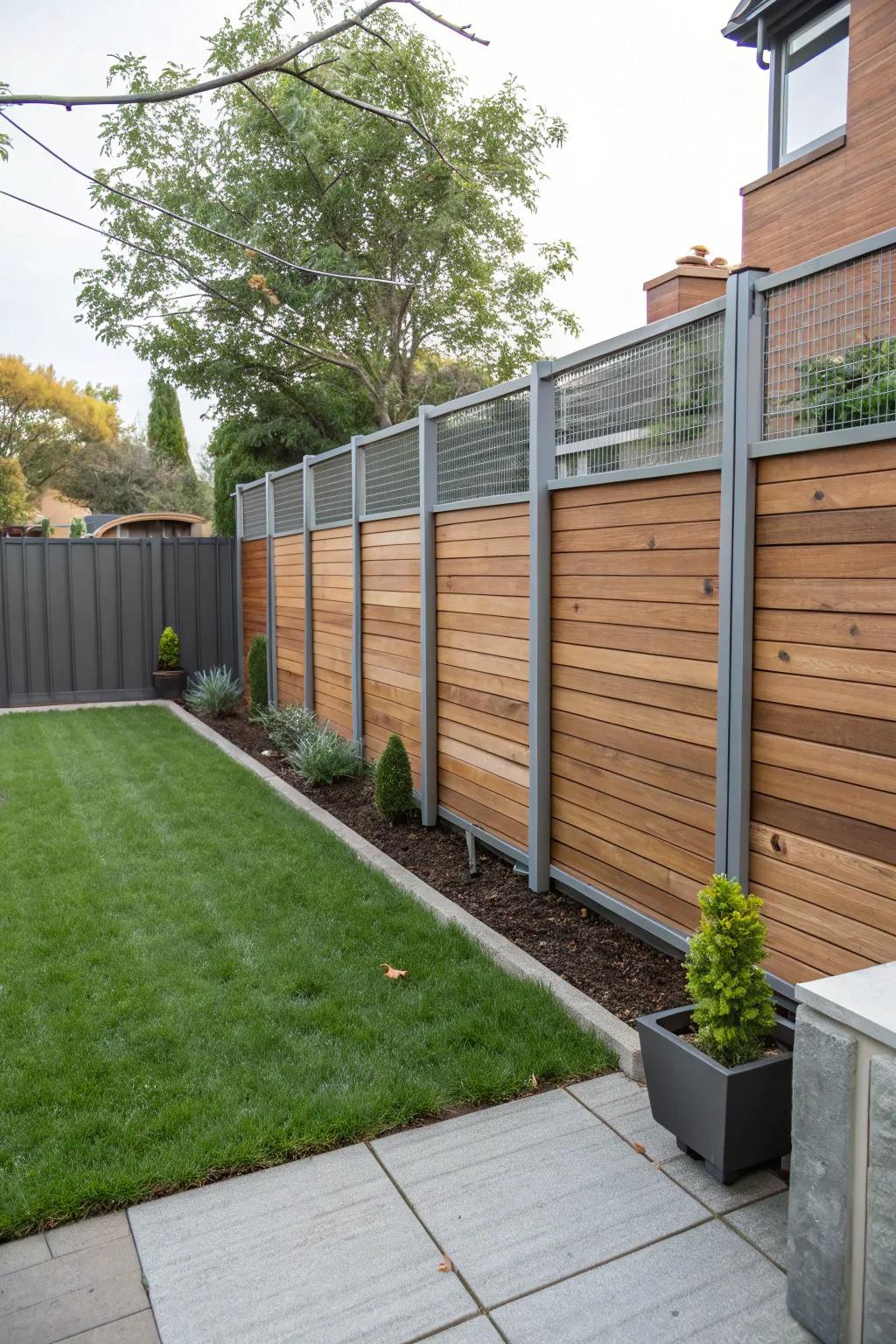 Create an eye-catching design by mixing wood and metal in your fence.