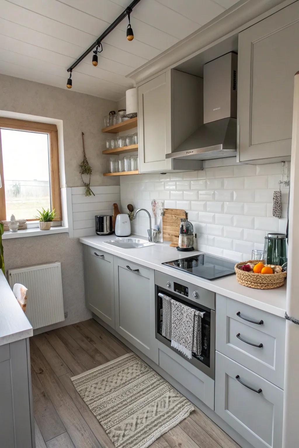 A small kitchen using light colors to enhance the sense of space.