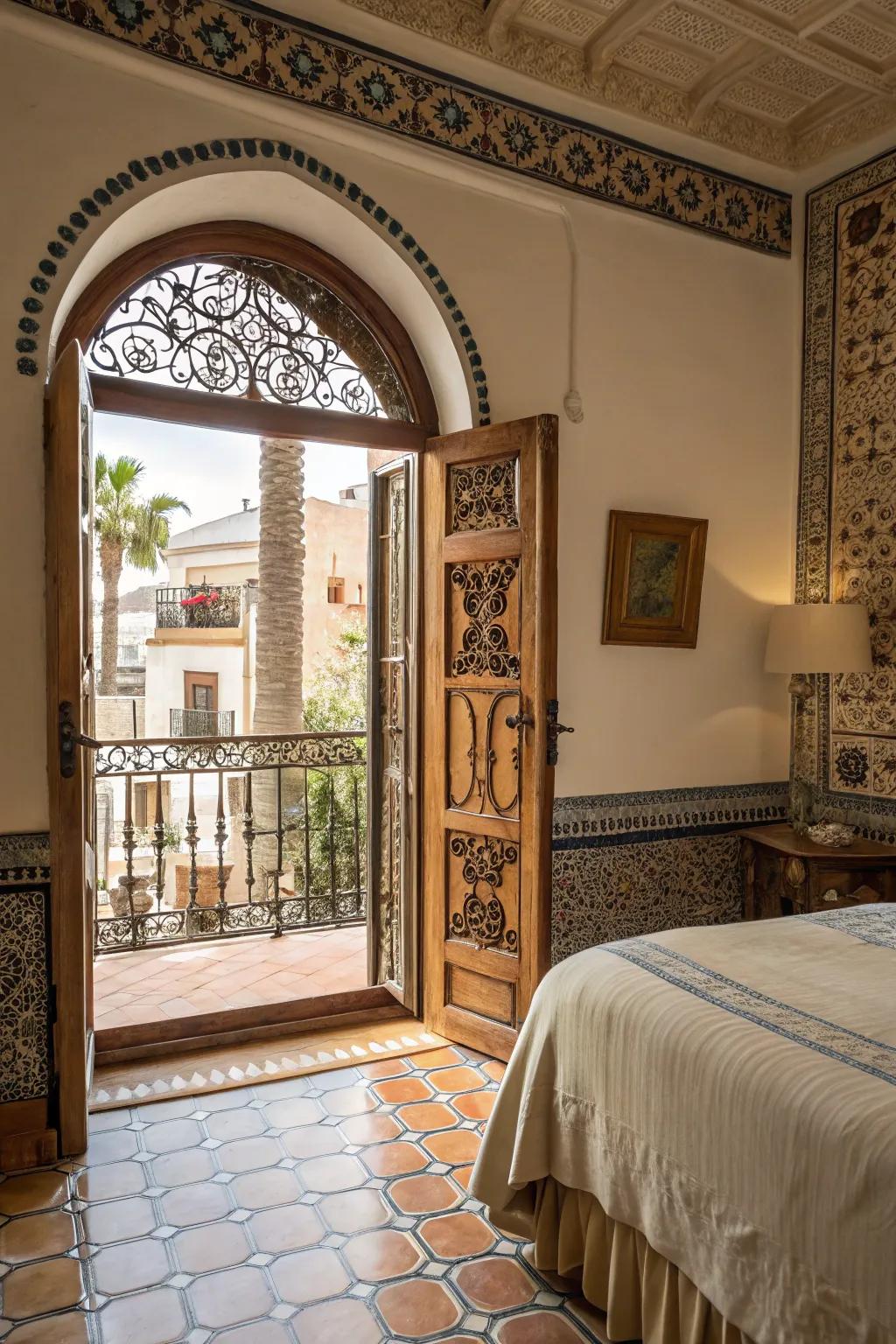 Arched doorways impart a sense of refinement and openness to a modern Spanish bedroom.