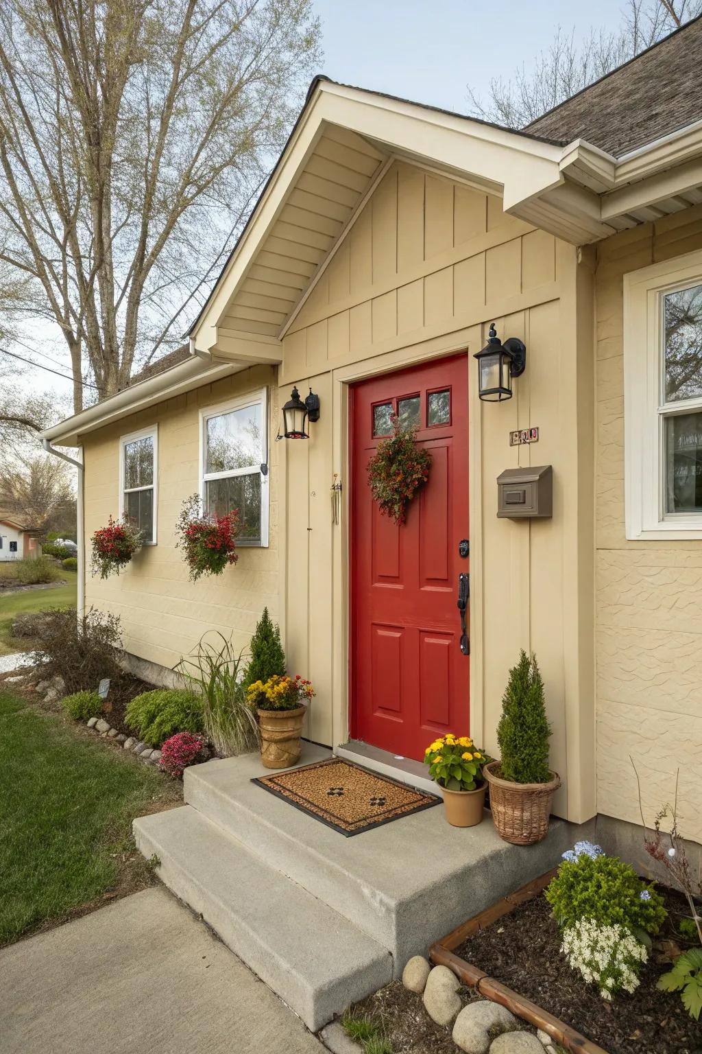 A red front door adds a pop of color and personality to a beige house.