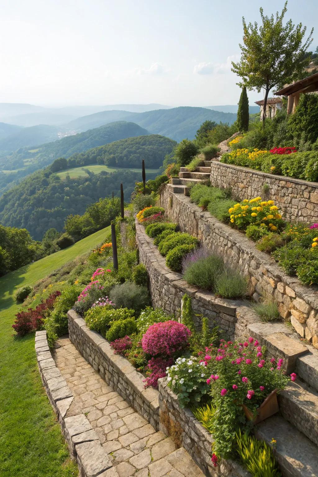 Staggered terraces featuring stone support structures, infusing the landscape with enhanced depth.