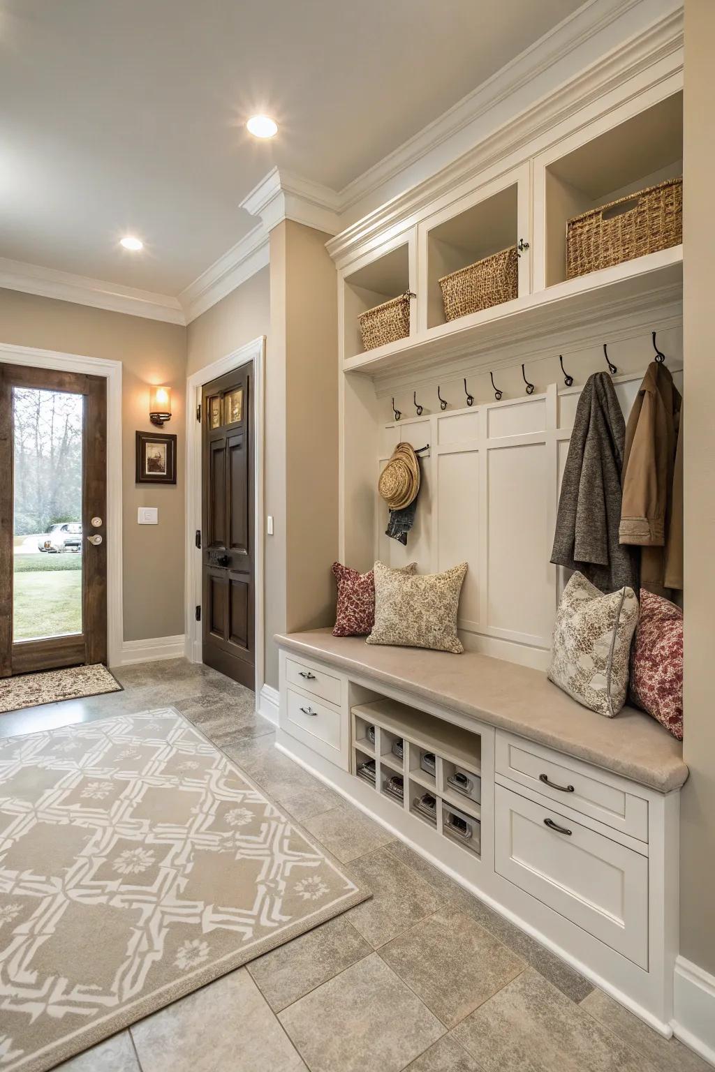 Neutral shades imparting elegance to a mudroom