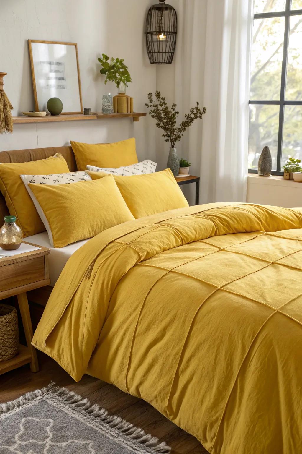 A bedroom featuring plush mustard yellow bedding and soft pillows.