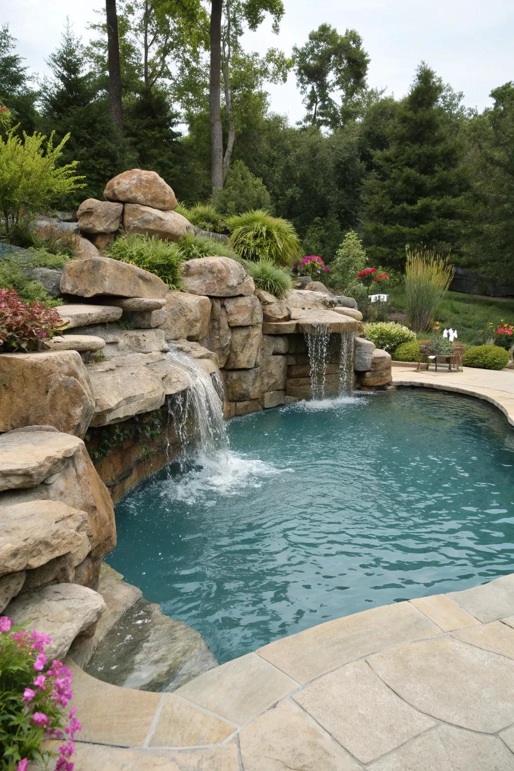 A pool with natural rock formations and a waterfall, creating a tranquil and natural retreat.