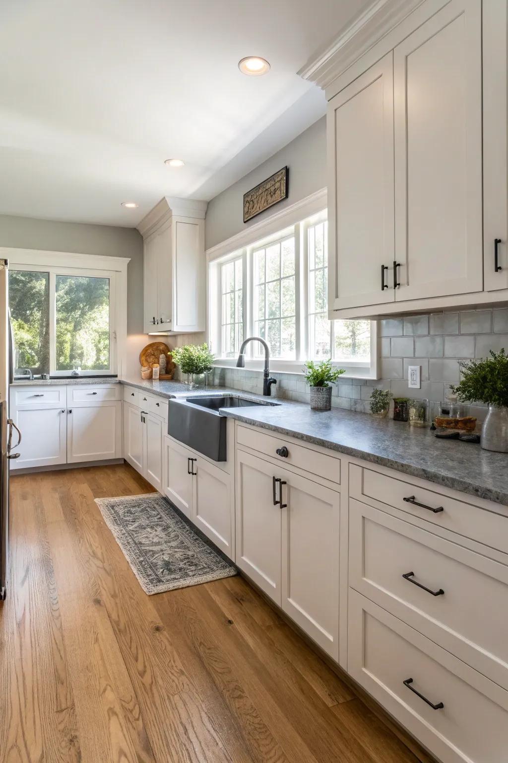 Neutral tones complementing oak flooring beautifully.