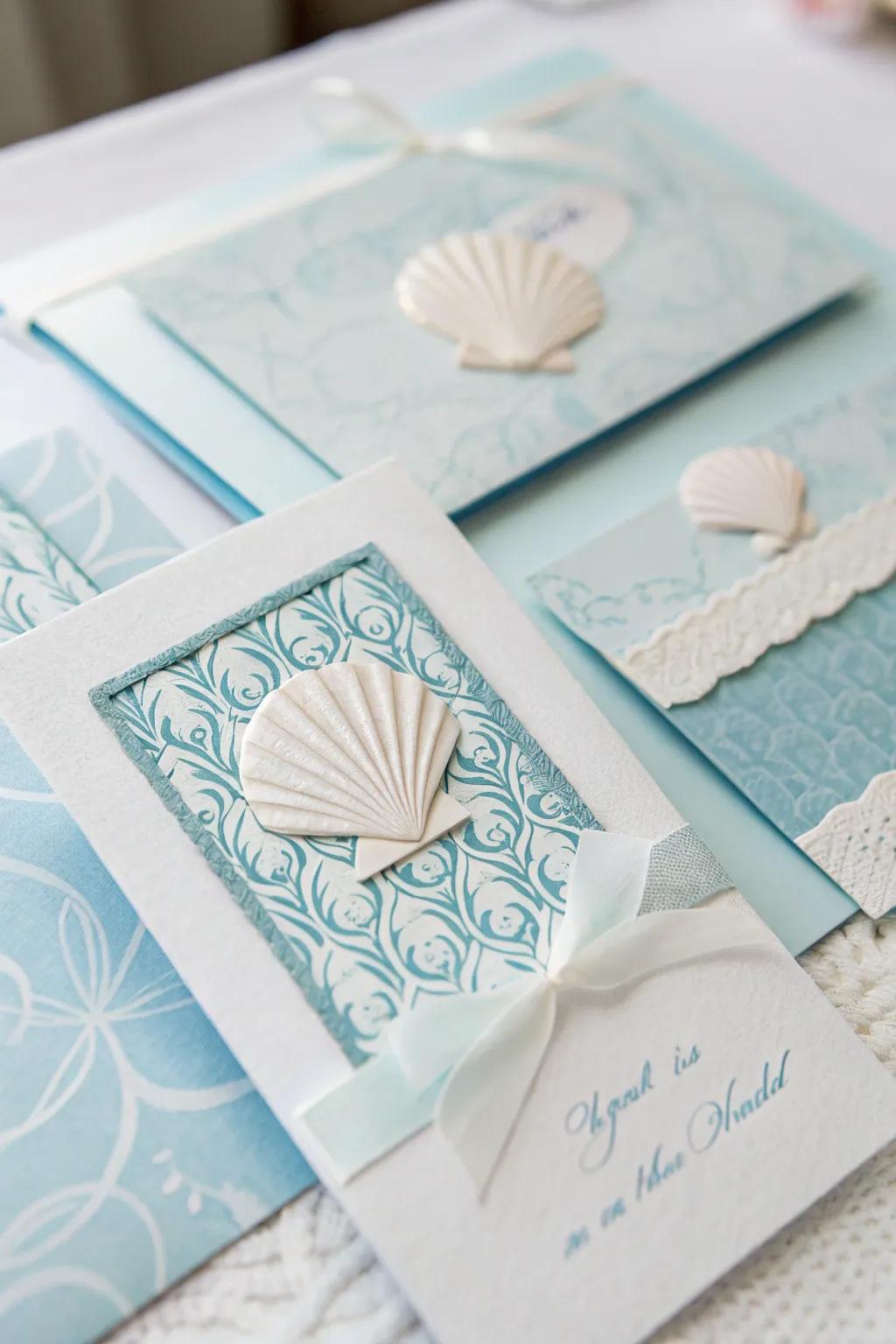 Invitation cards showcasing subtle shell patterns to establish the perfect beachy atmosphere.